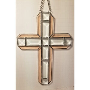 Vintage Pink Stained Glass SunCatcher Cross 10" by 7"